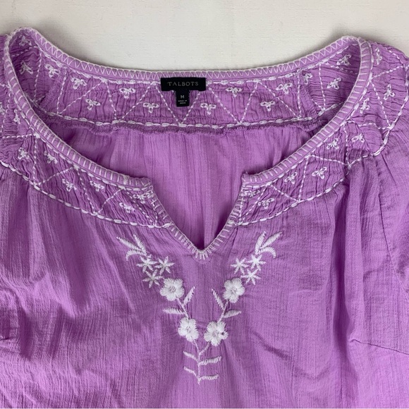 Talbots size meidum Purple Blouse with White Embroidery 3/4 sleeves - Picture 6 of 8